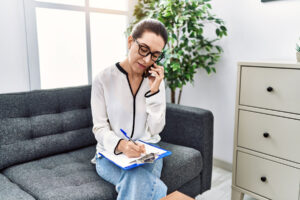 A woman on the phone discusses psychiatry